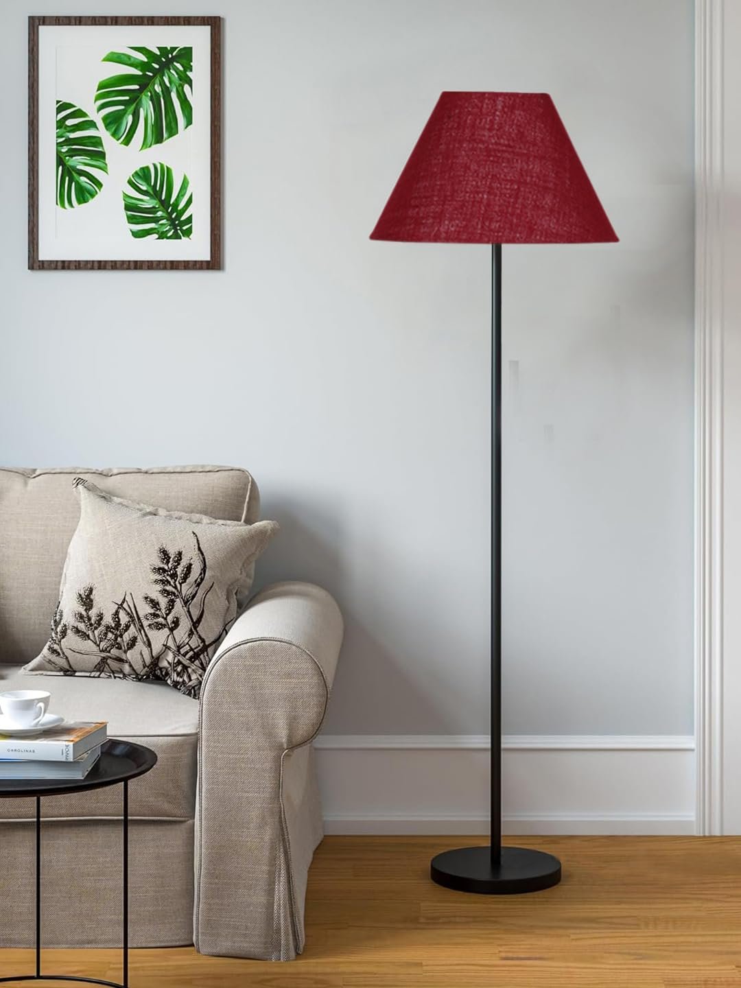 Maroon Jute Conical Shade with Iron Floor lamp with Wood Base for Decoration/Office/Home/Gifting/Study .-(14x14x58.7 Inches)