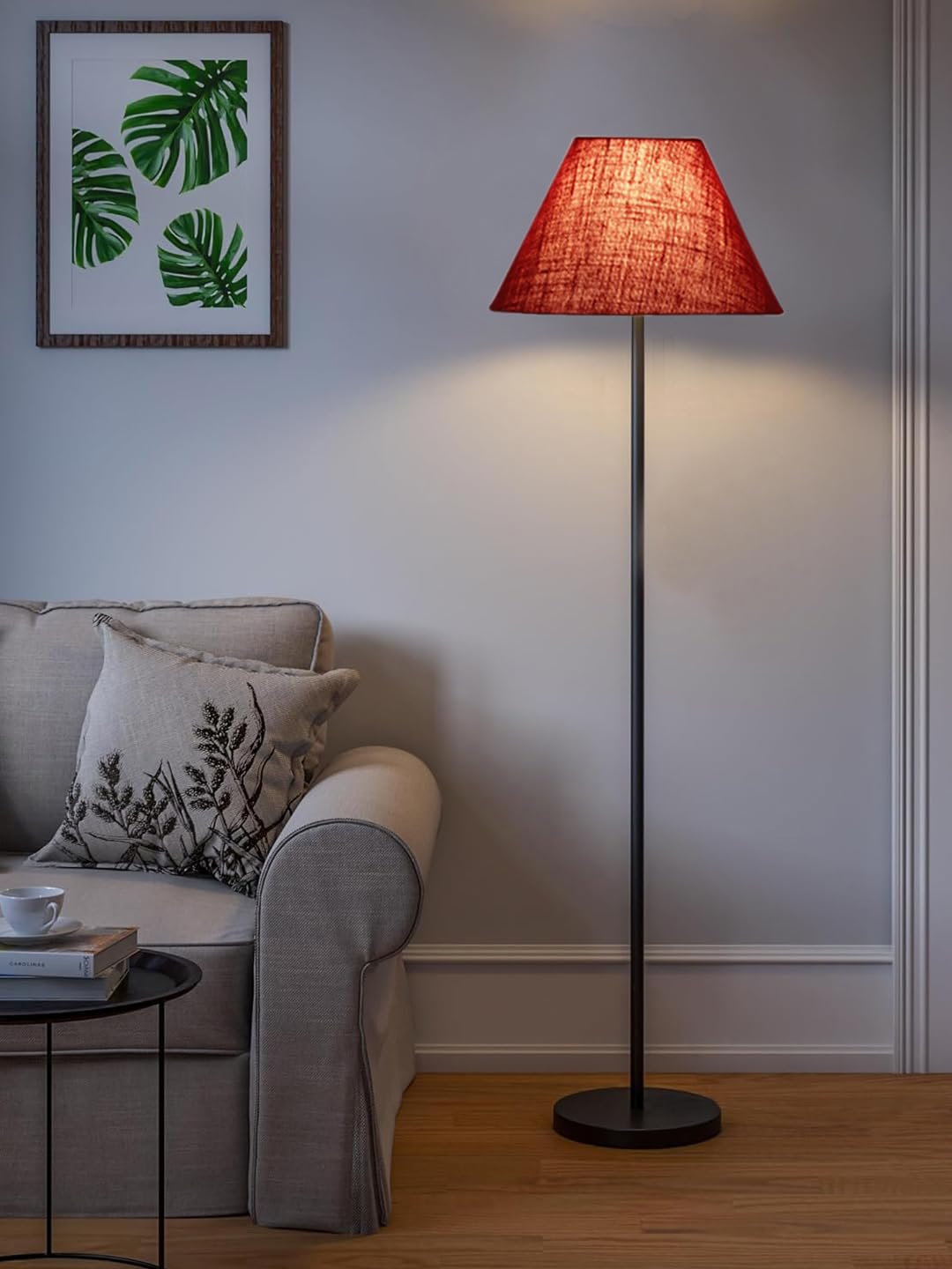 Maroon Jute Conical Shade with Iron Floor lamp with Wood Base for Decoration/Office/Home/Gifting/Study .-(14x14x58.7 Inches)