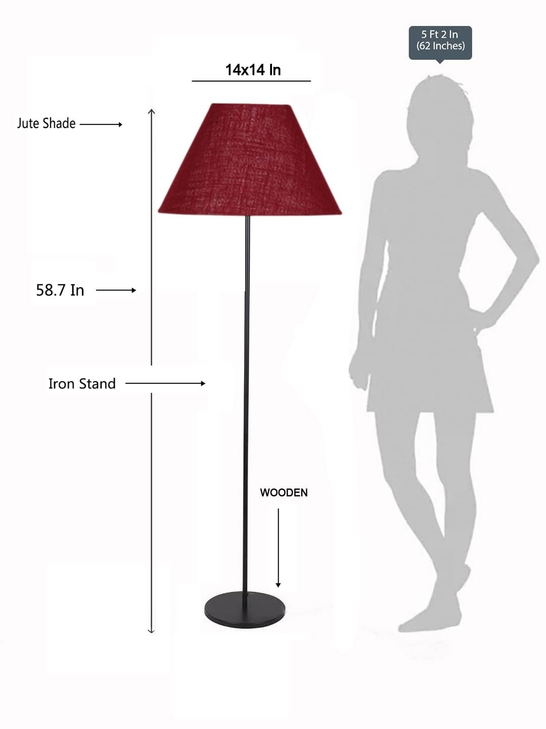 Maroon Jute Conical Shade with Iron Floor lamp with Wood Base for Decoration/Office/Home/Gifting/Study .-(14x14x58.7 Inches)