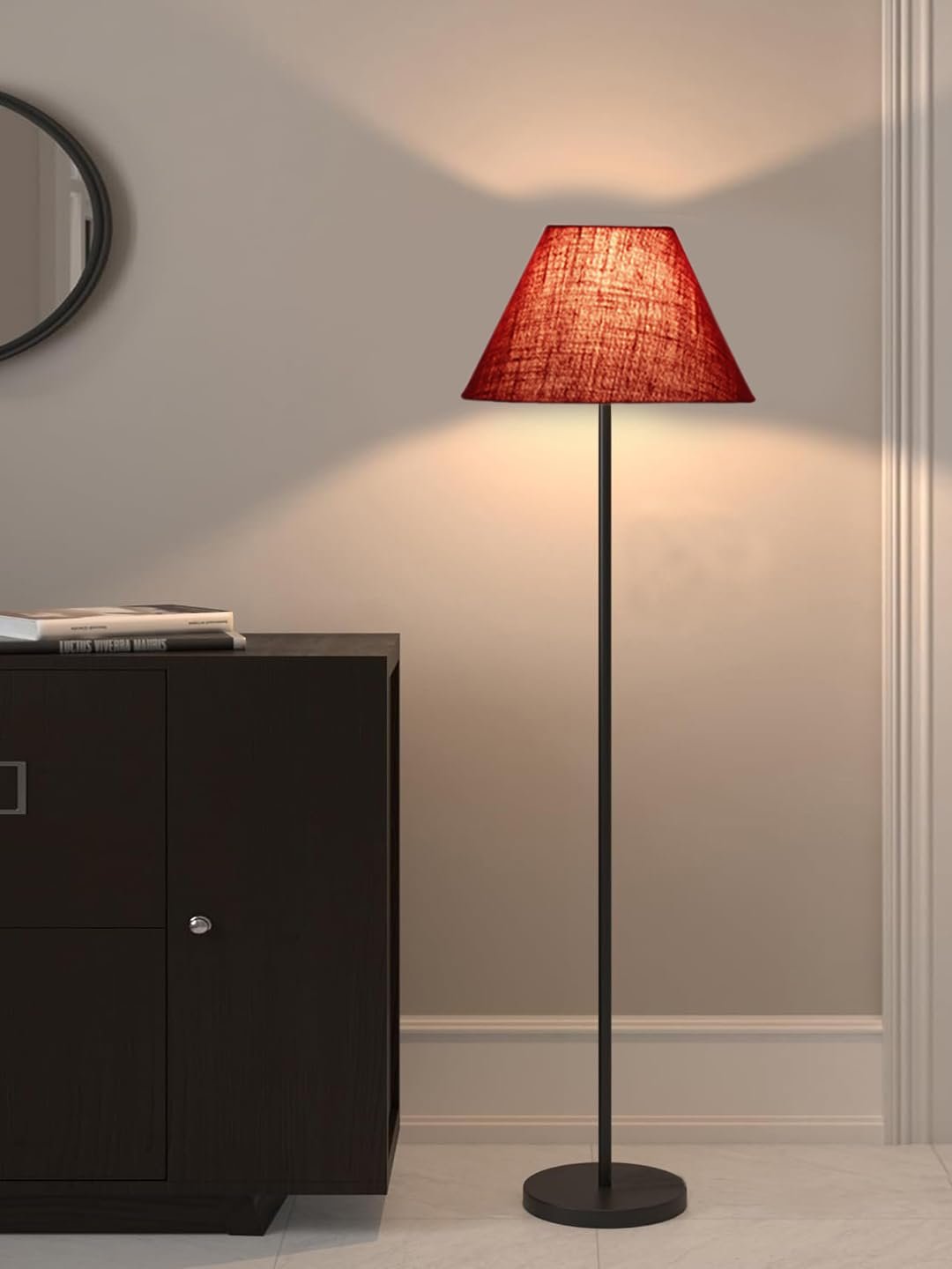 Maroon Jute Conical Shade with Iron Floor lamp with Wood Base for Decoration/Office/Home/Gifting/Study .-(14x14x58.7 Inches)