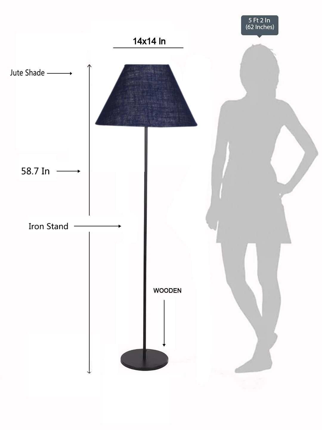 Blue Jute Conical Shade with Iron Floor lamp with Wood Base for Decoration/Office/Home/Gifting/Study .-(14x14x58.7 Inches)