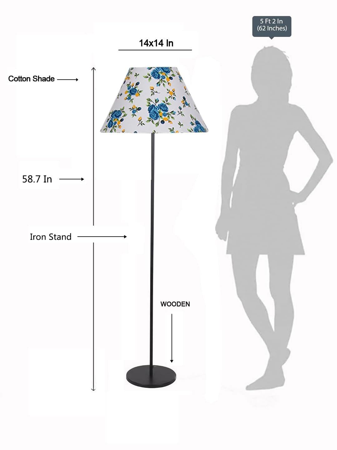 Multicolor Cotton Cotton Conical Shade with Iron Floor lamp with Wood Base for Decoration/Office/Home/Gifting/Study .-(14x14x58.7 Inches)-6
