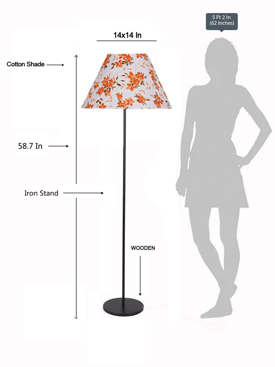 Multicolor Cotton Cotton Conical Shade with Iron Floor lamp with Wood Base for Decoration/Office/Home/Gifting/Study .-(14x14x58.7 Inches)-4