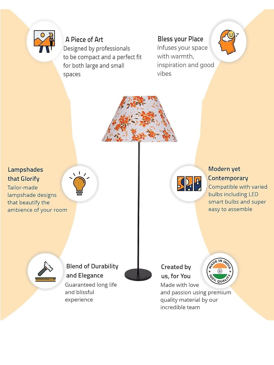 Multicolor Cotton Cotton Conical Shade with Iron Floor lamp with Wood Base for Decoration/Office/Home/Gifting/Study .-(14x14x58.7 Inches)-4