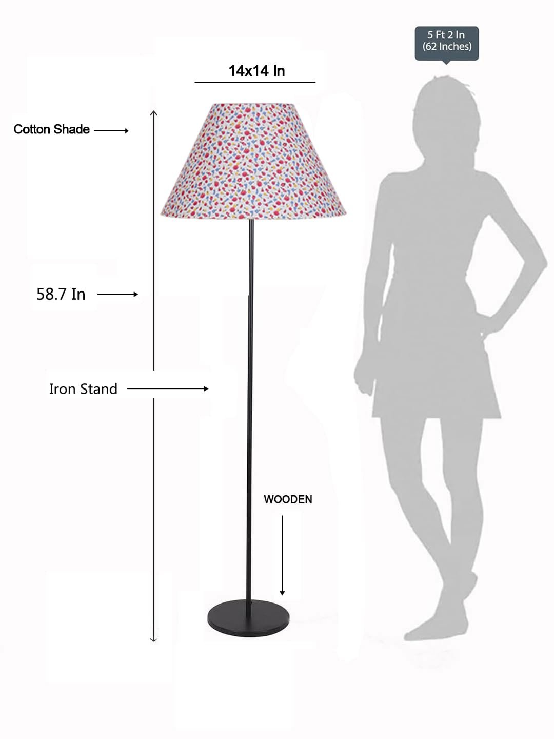 Multicolor Cotton Cotton Conical Shade with Iron Floor lamp with Wood Base for Decoration/Office/Home/Gifting/Study .-(14x14x58.7 Inches)-5