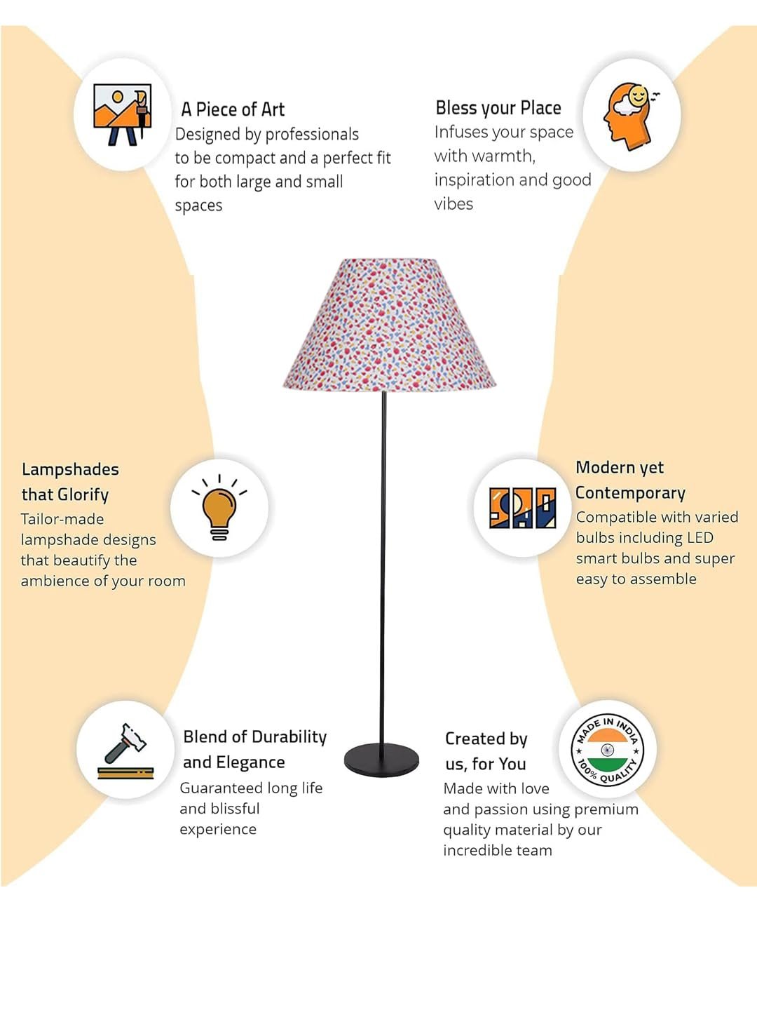 Multicolor Cotton Cotton Conical Shade with Iron Floor lamp with Wood Base for Decoration/Office/Home/Gifting/Study .-(14x14x58.7 Inches)-5