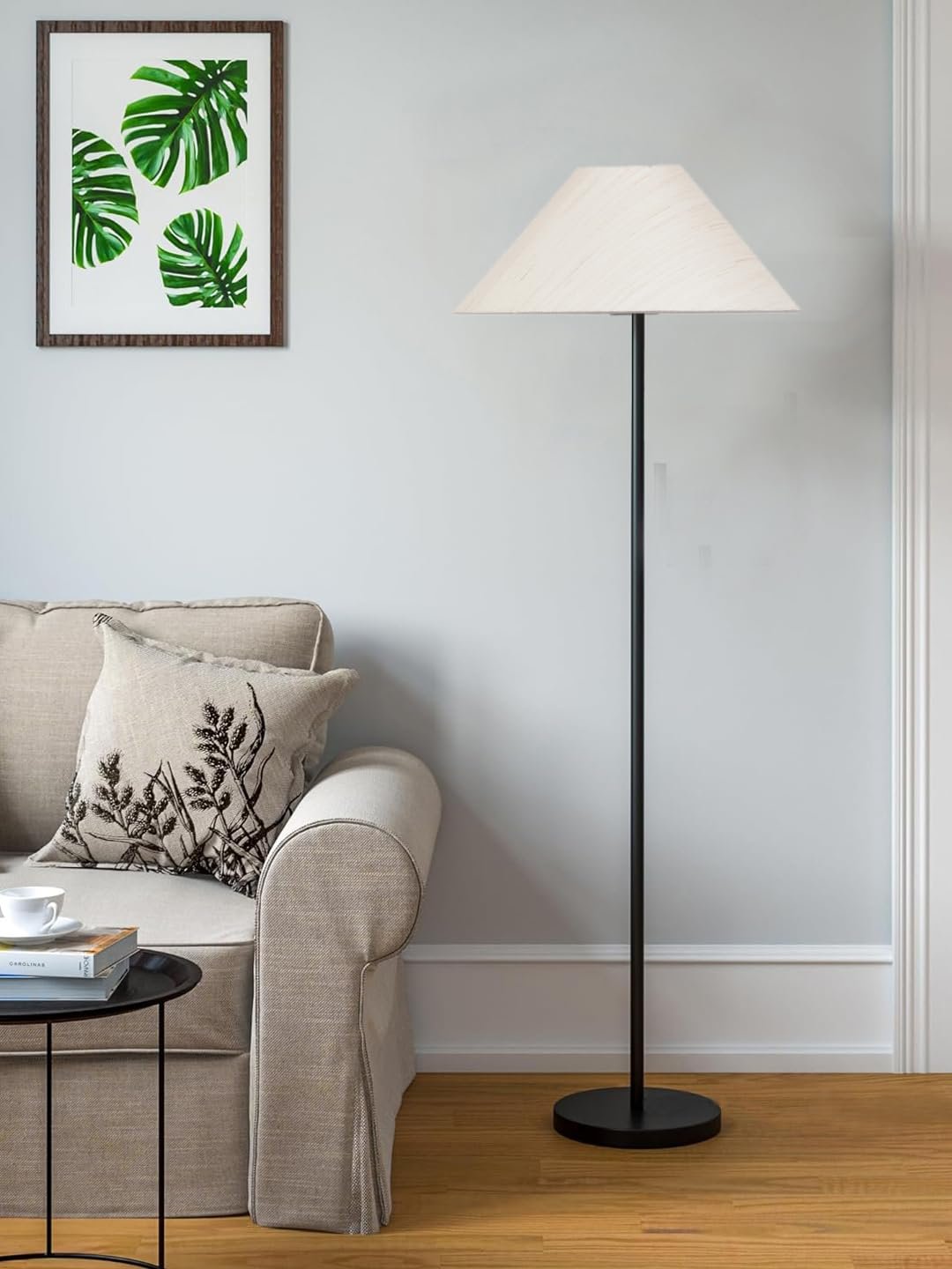 Off-White Cotton Coolie Shade with Iron Floor lamp with Wood Base for Decoration/Office/Home/Gifting/Study .-(13x13x55.7 Inches)