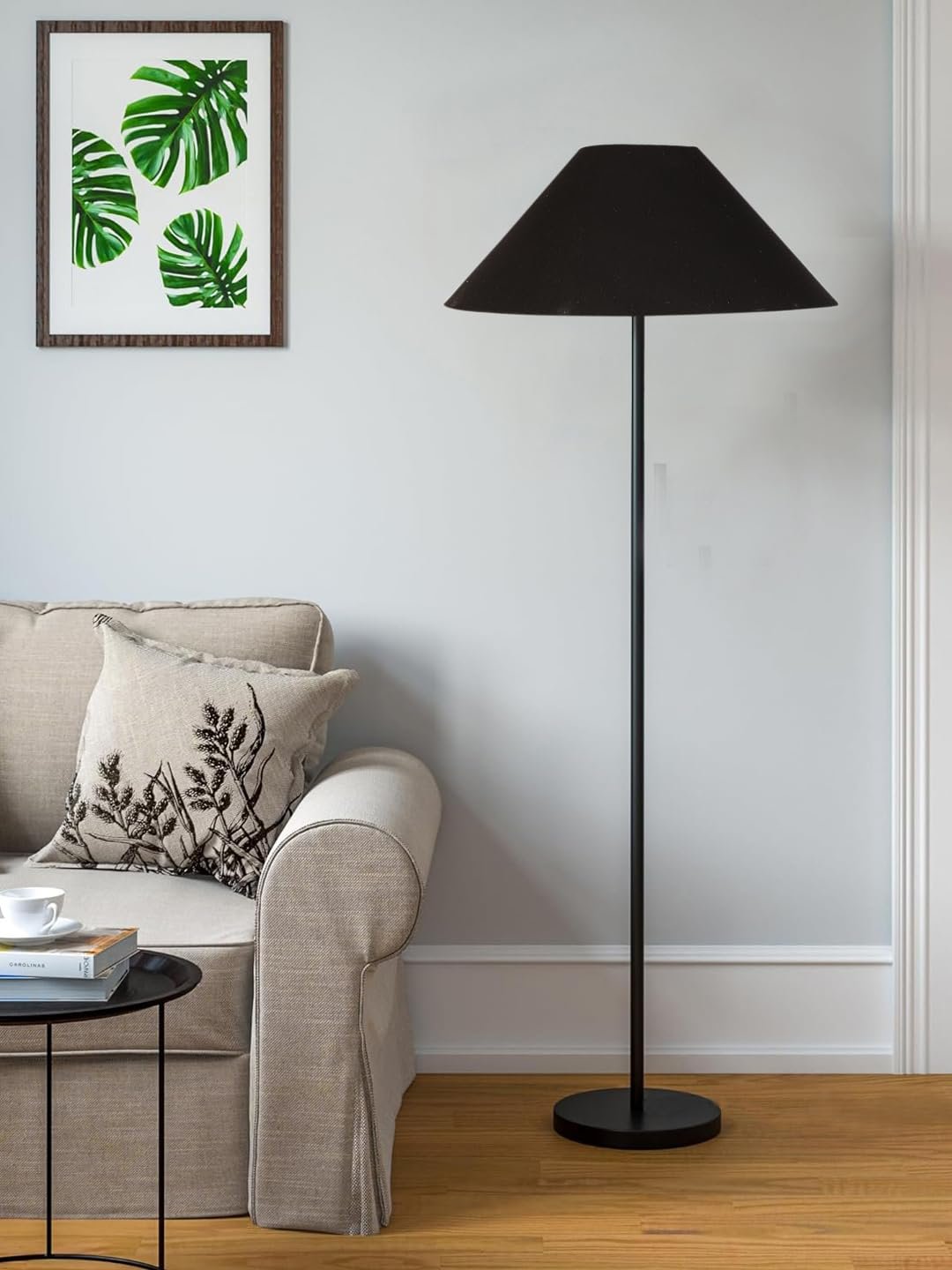 Black Cotton Coolie Shade with Iron Floor lamp with Wood Base for Decoration/Office/Home/Gifting/Study .-(13x13x55.7 Inches)