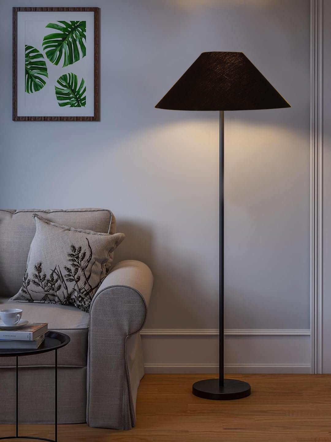 Black Cotton Coolie Shade with Iron Floor lamp with Wood Base for Decoration/Office/Home/Gifting/Study .-(13x13x55.7 Inches)