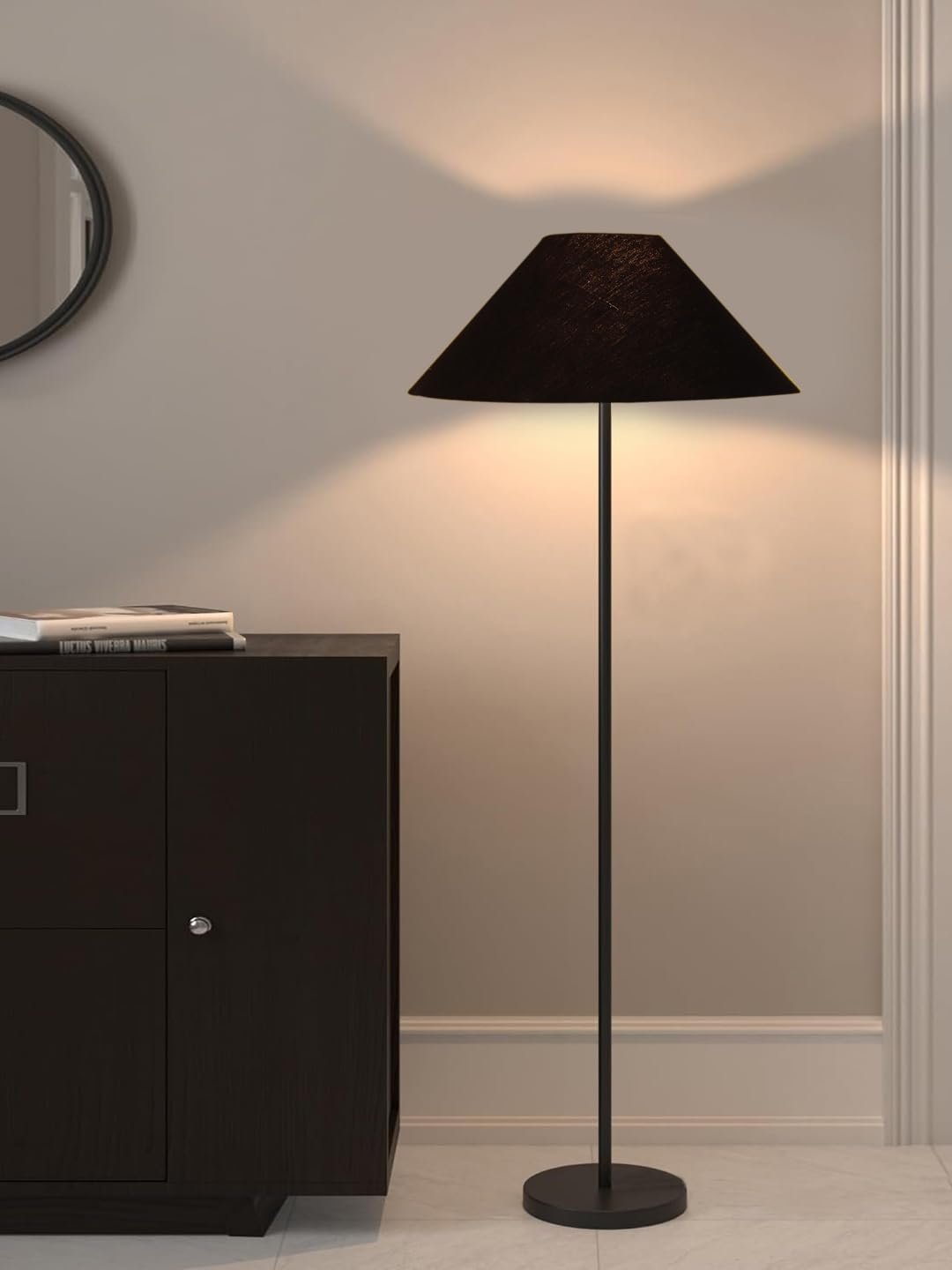 Black Cotton Coolie Shade with Iron Floor lamp with Wood Base for Decoration/Office/Home/Gifting/Study .-(13x13x55.7 Inches)