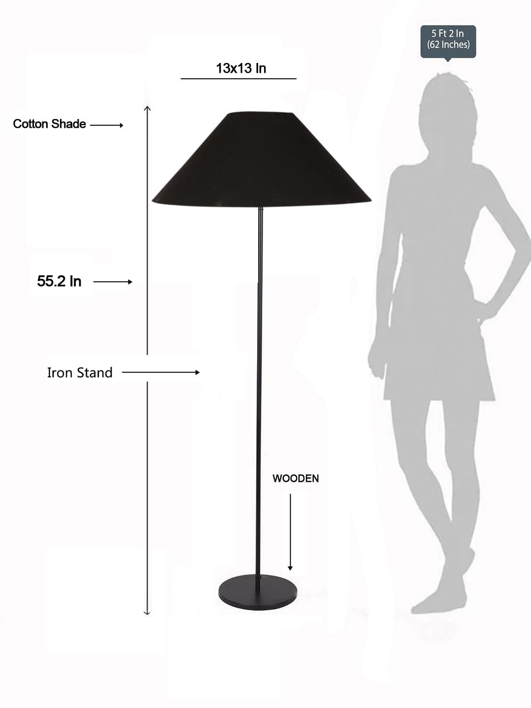 Black Cotton Coolie Shade with Iron Floor lamp with Wood Base for Decoration/Office/Home/Gifting/Study .-(13x13x55.7 Inches)