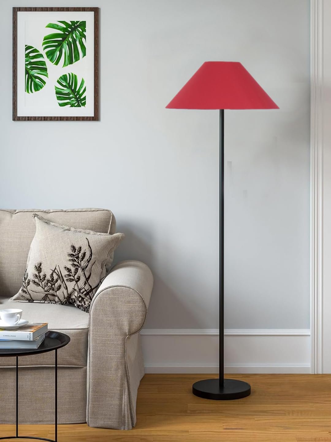 Red Cotton Coolie Shade Floor lamp with Black Wood Base for Decoration/Office/Home/Gifting/Study .(Pink,Jute) 32