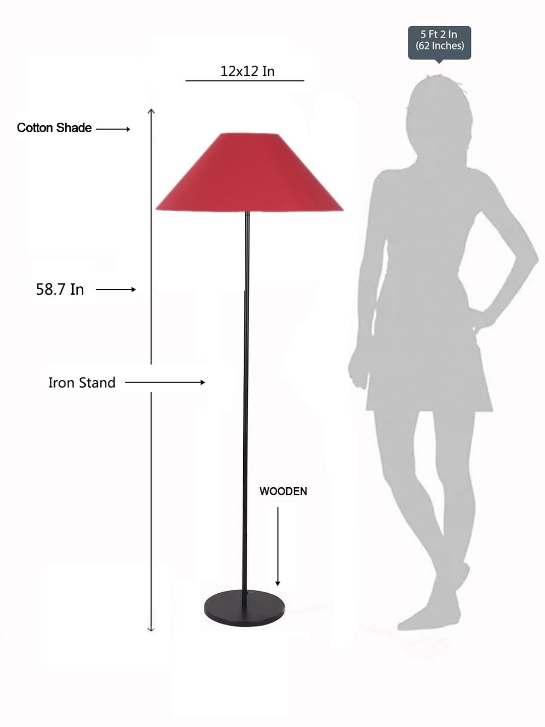 Red Cotton Coolie Shade Floor lamp with Black Wood Base for Decoration/Office/Home/Gifting/Study .(Pink,Jute) 32