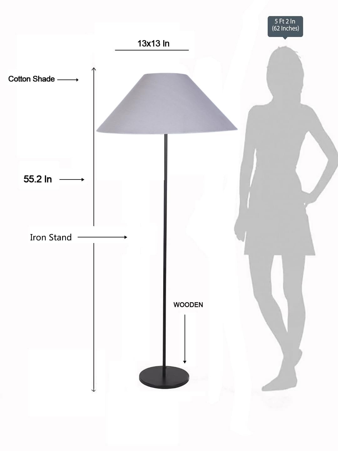 Grey Cotton Coolie Shade Floor lamp with Black Wood Base for Decoration/Office/Home/Gifting/Study (13x13x55.7 Inches)