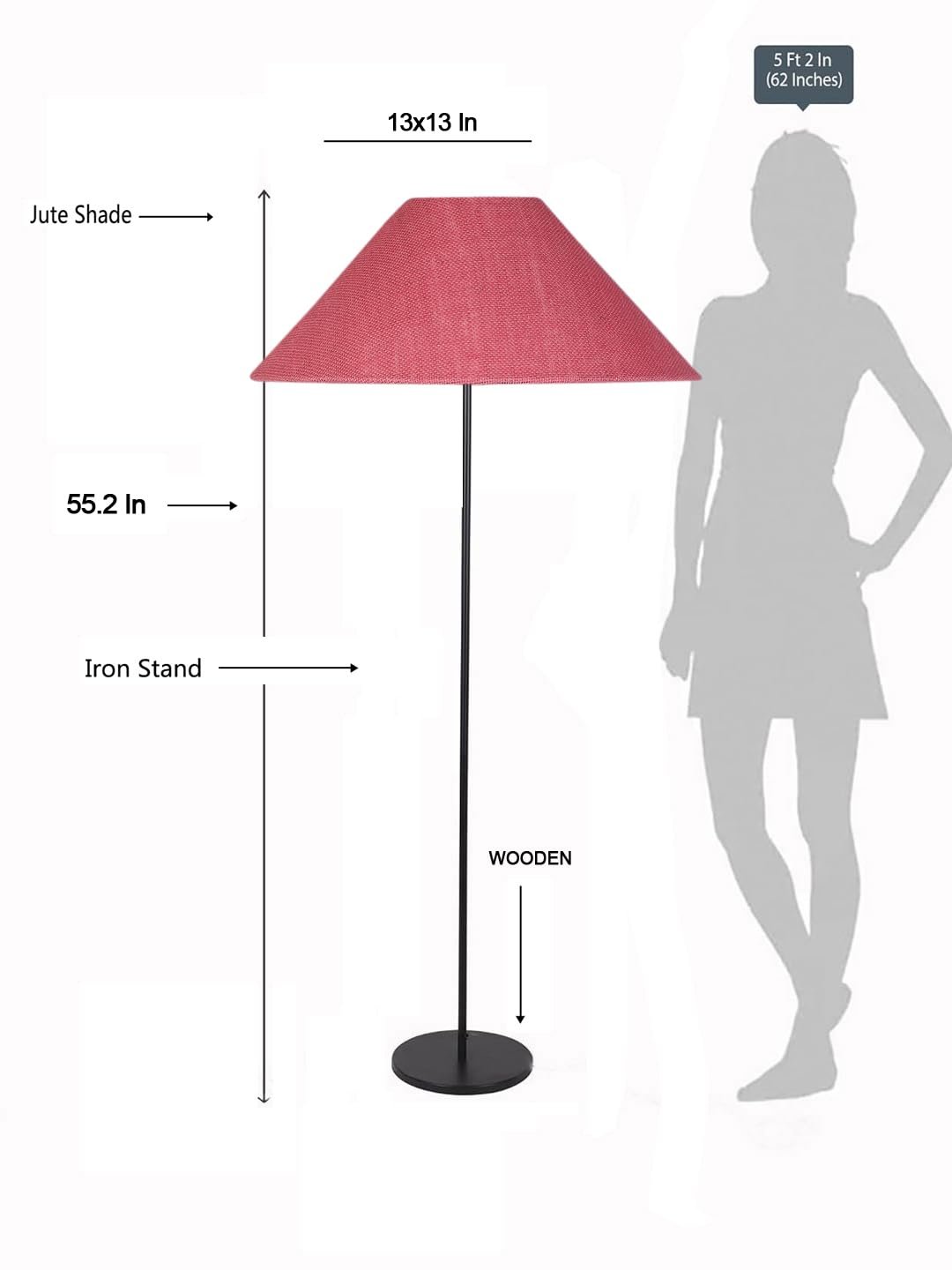 Pink Jute Coolie Shade Floor lamp with Black Wood Base for Decoration/Office/Home/Gifting/Study .(Multicolor, Cotton) 34