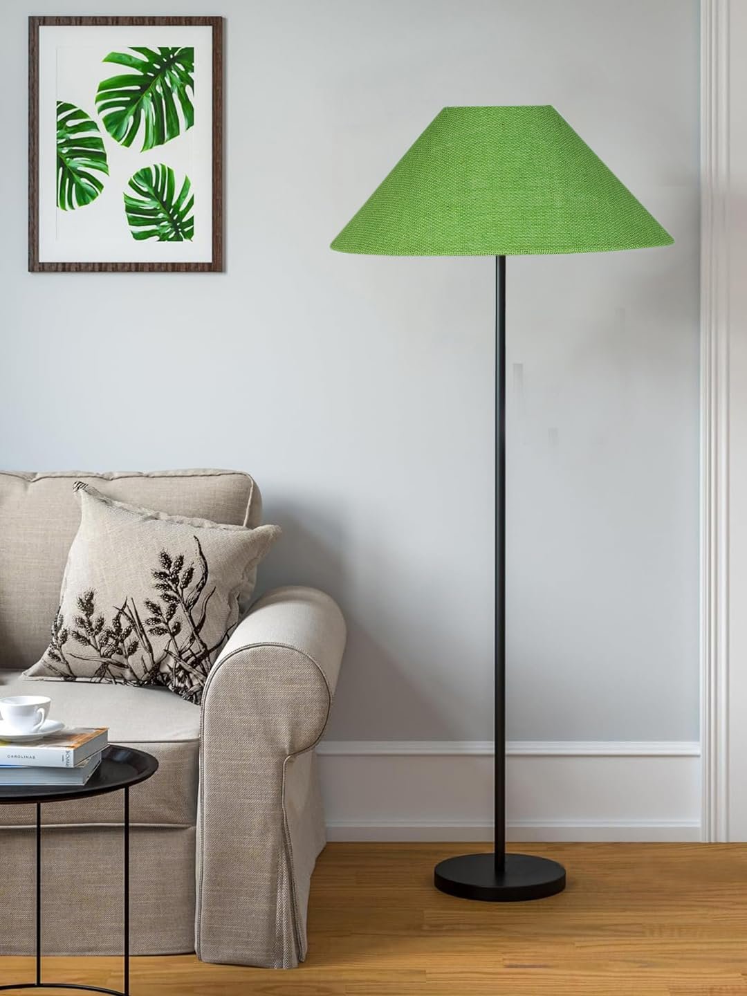Green Jute Coolie Shade Floor lamp with Black Wood Base for Decoration/Office/Home/Gifting/Study .(13x13x55.7 Inches)