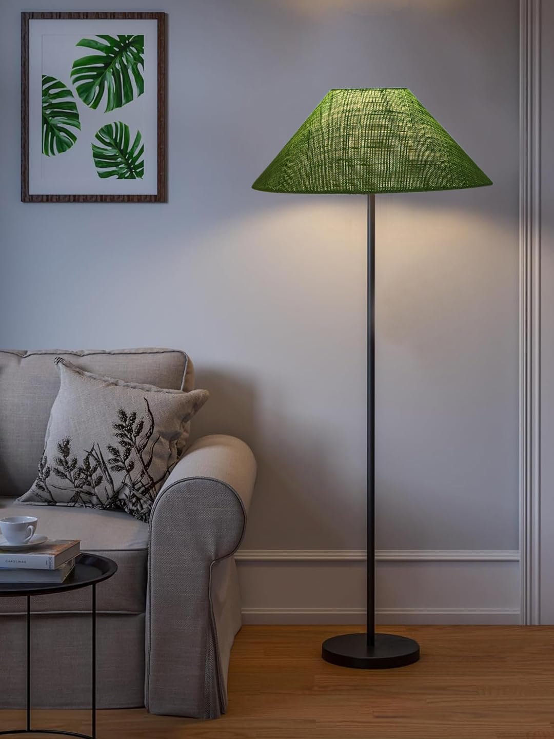 Green Jute Coolie Shade Floor lamp with Black Wood Base for Decoration/Office/Home/Gifting/Study .(13x13x55.7 Inches)