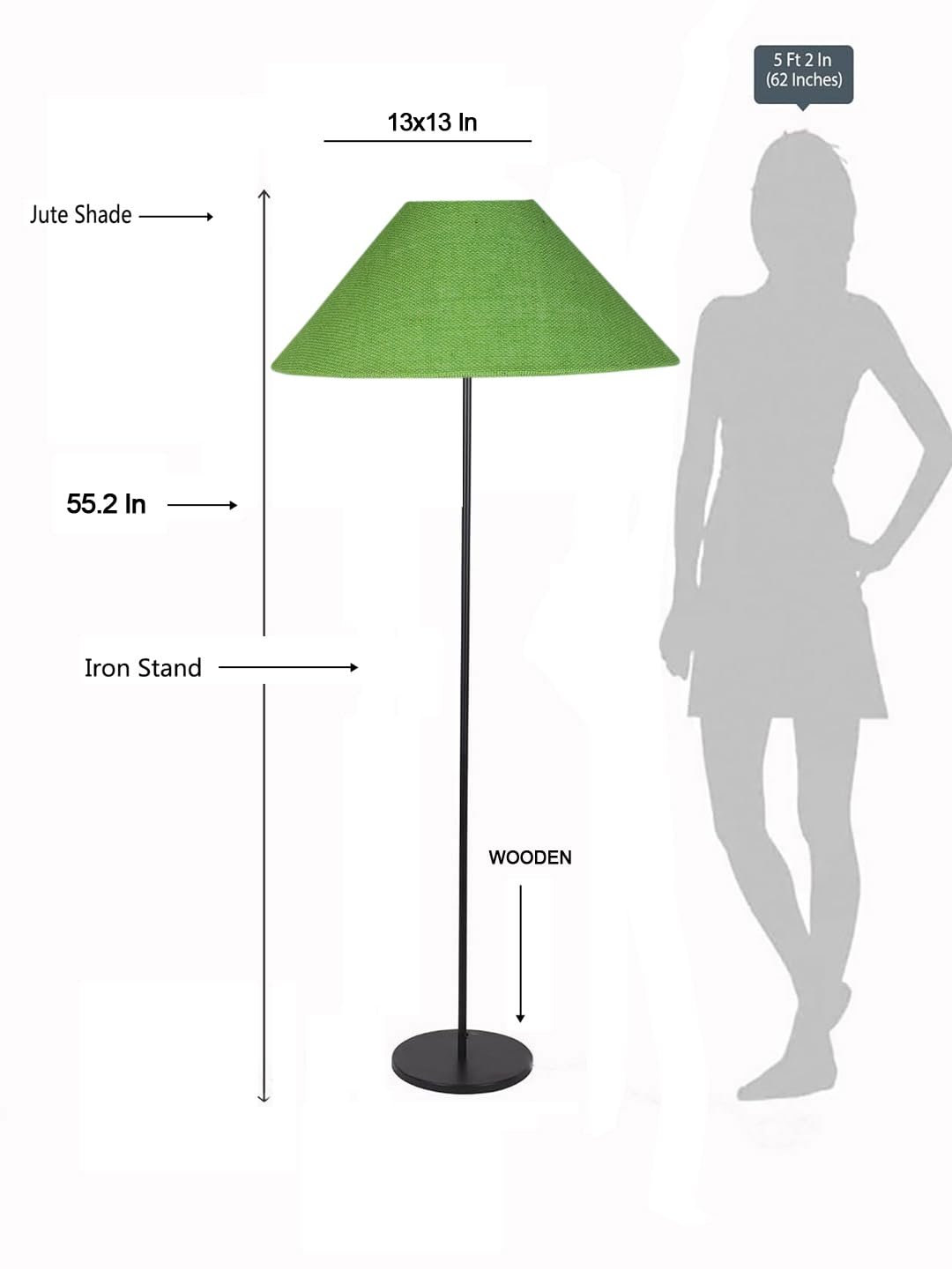 Green Jute Coolie Shade Floor lamp with Black Wood Base for Decoration/Office/Home/Gifting/Study .(13x13x55.7 Inches)