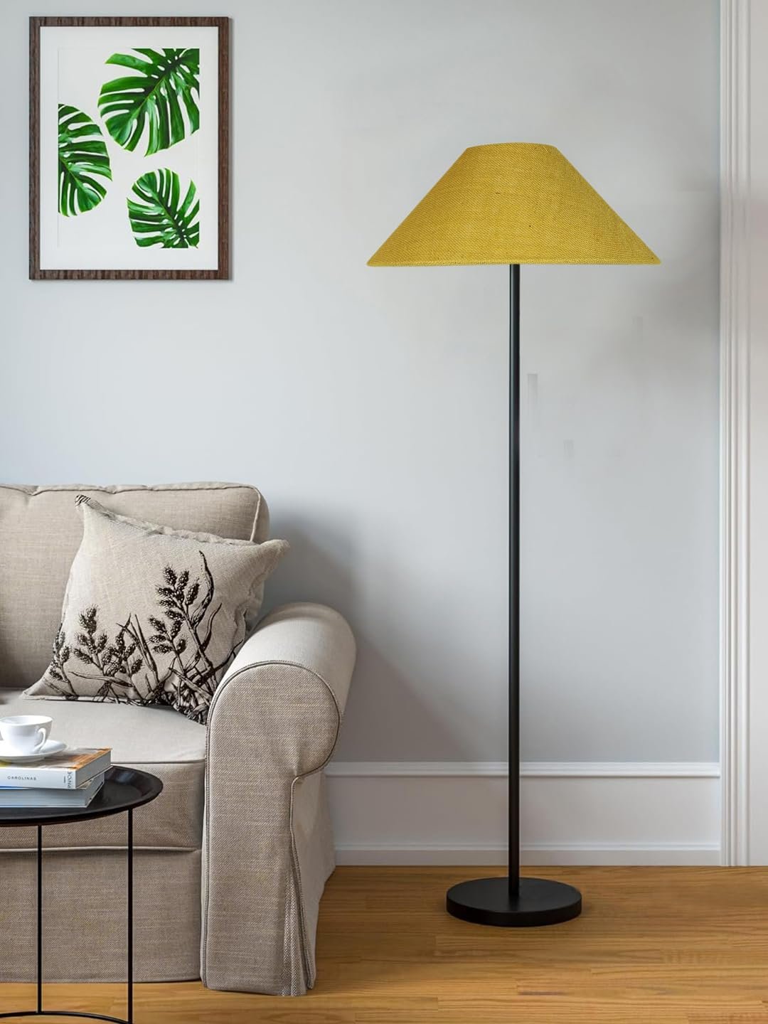 Yellow Jute Coolie Shade Floor lamp with Black Wood Base for Decoration/Office/Home/Gifting/Study .(13x13x55.7 Inches)