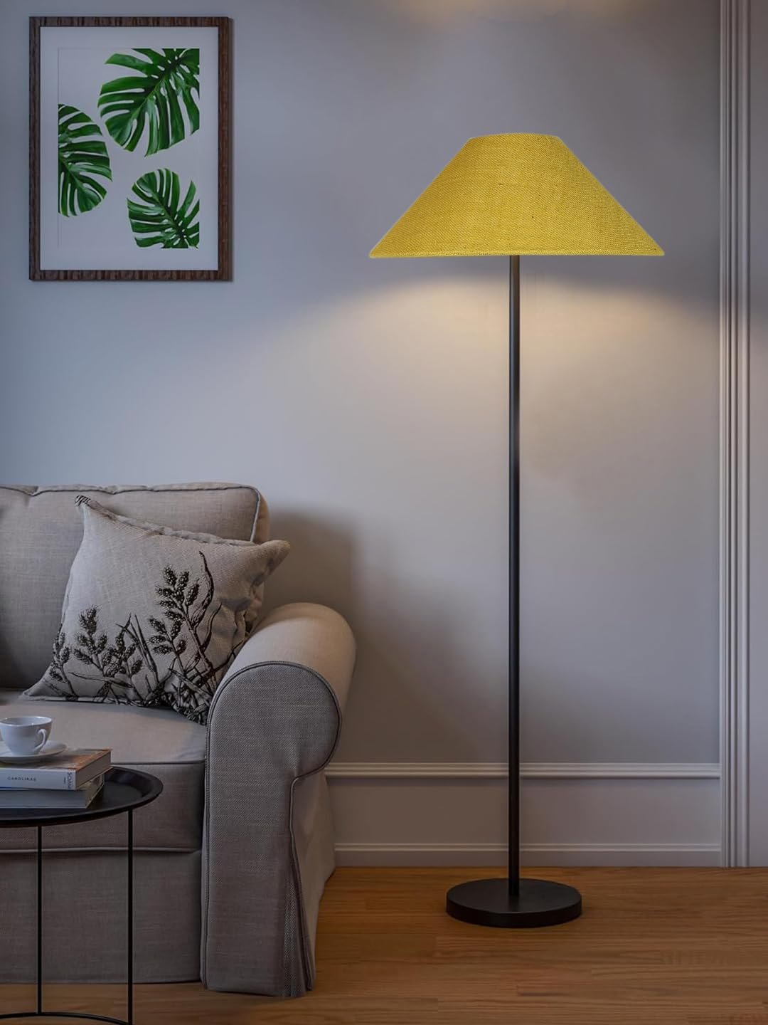 Yellow Jute Coolie Shade Floor lamp with Black Wood Base for Decoration/Office/Home/Gifting/Study .(13x13x55.7 Inches)