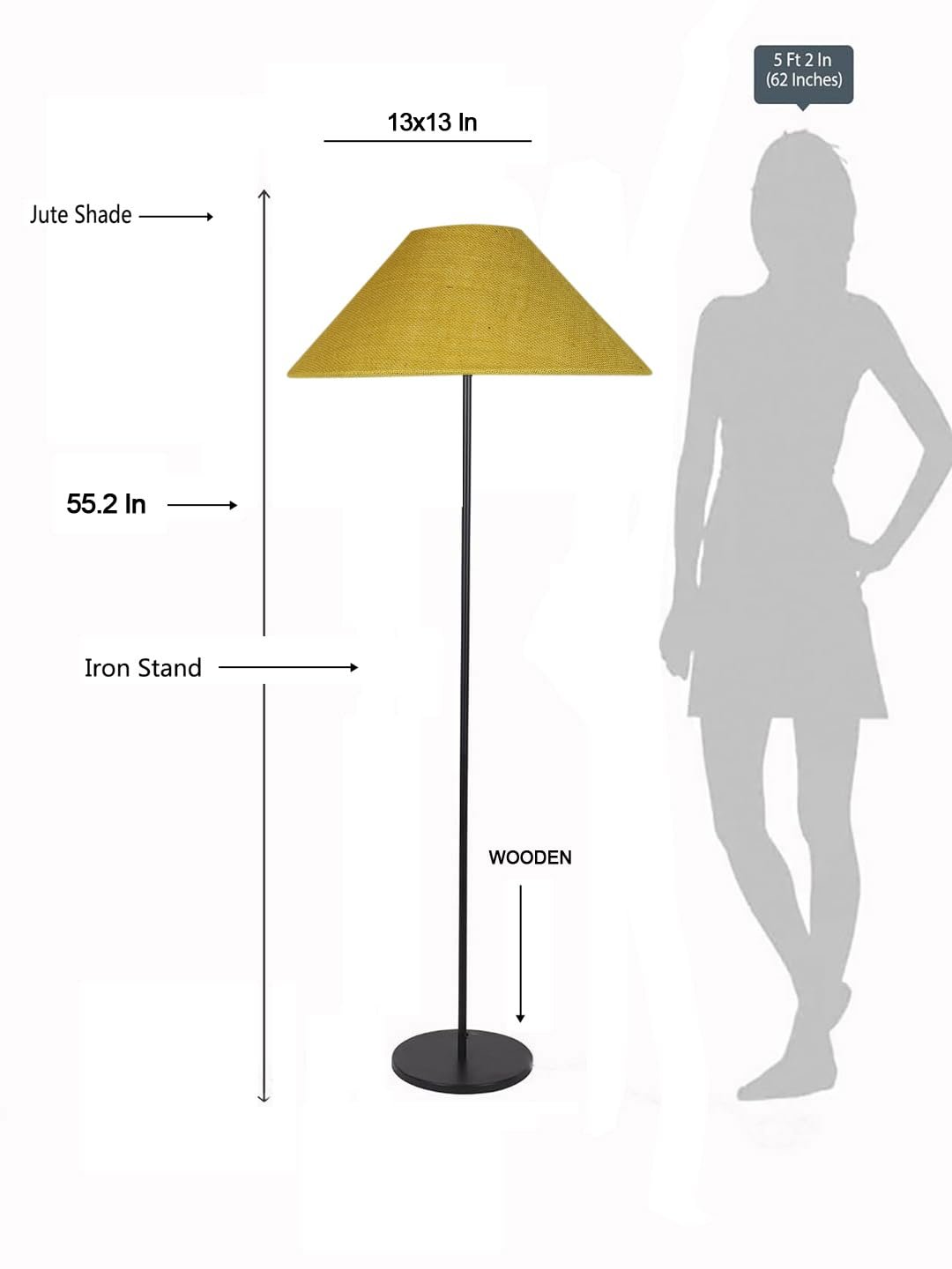 Yellow Jute Coolie Shade Floor lamp with Black Wood Base for Decoration/Office/Home/Gifting/Study .(13x13x55.7 Inches)