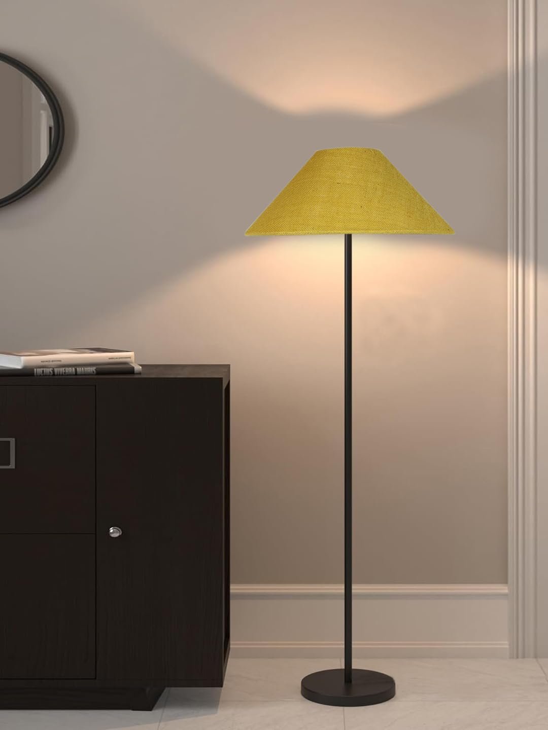 Yellow Jute Coolie Shade Floor lamp with Black Wood Base for Decoration/Office/Home/Gifting/Study .(13x13x55.7 Inches)