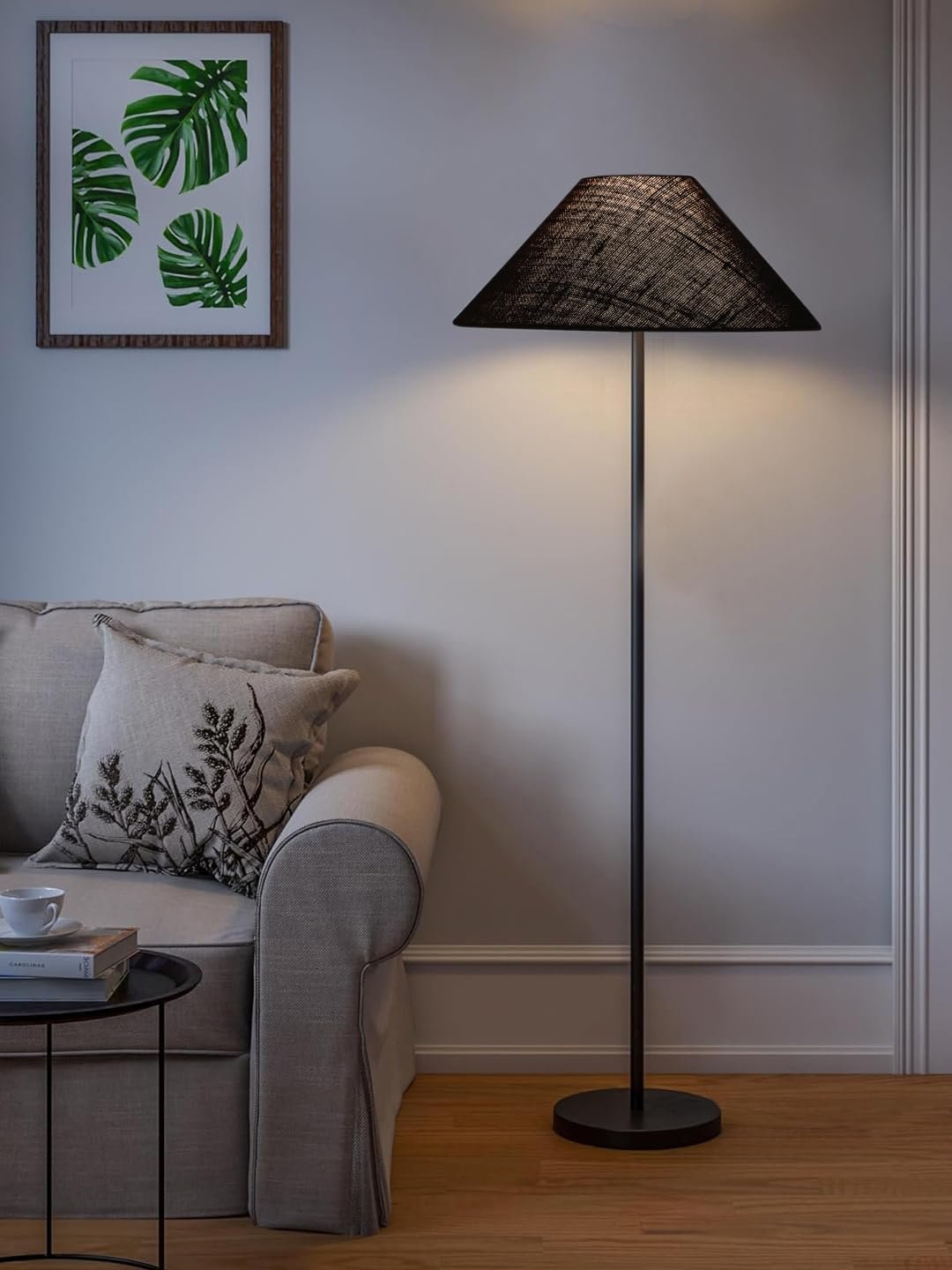 Black Jute Coolie Shade Floor lamp with Black Wood Base for Decoration/Office/Home/Gifting/Study .(13x13x55.7 Inches)
