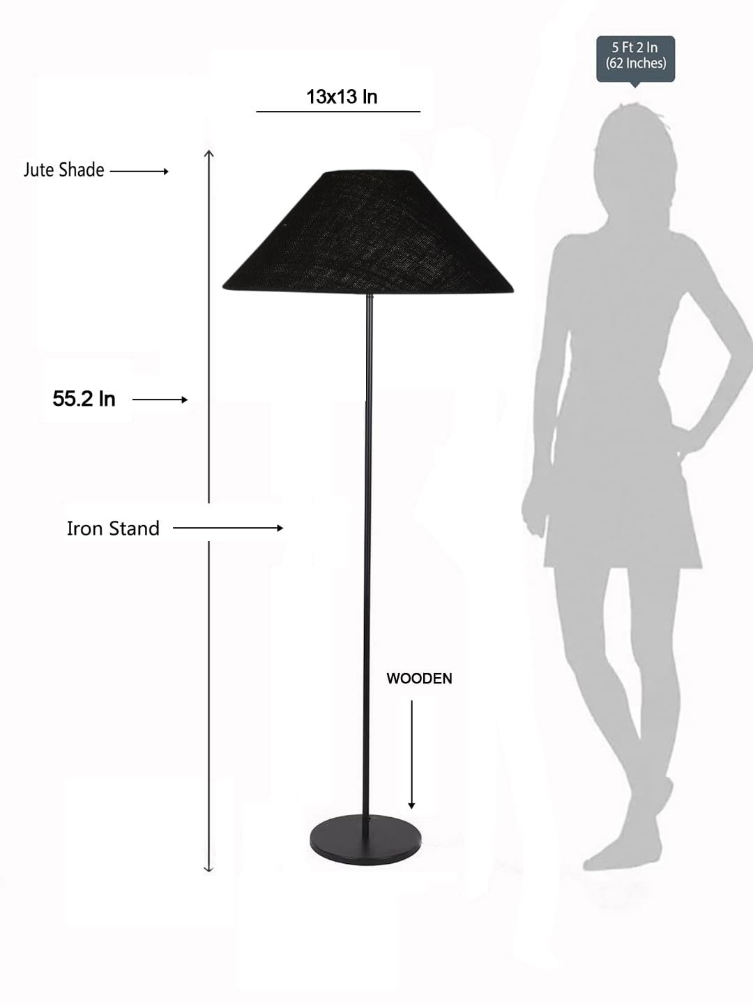 Black Jute Coolie Shade Floor lamp with Black Wood Base for Decoration/Office/Home/Gifting/Study .(13x13x55.7 Inches)