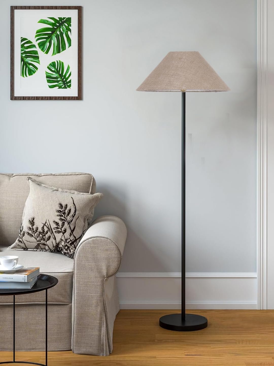 Beige Jute Coolie Shade Floor lamp with Black Wood Base for Decoration/Office/Home/Gifting/Study .(13x13x55.7 Inches)