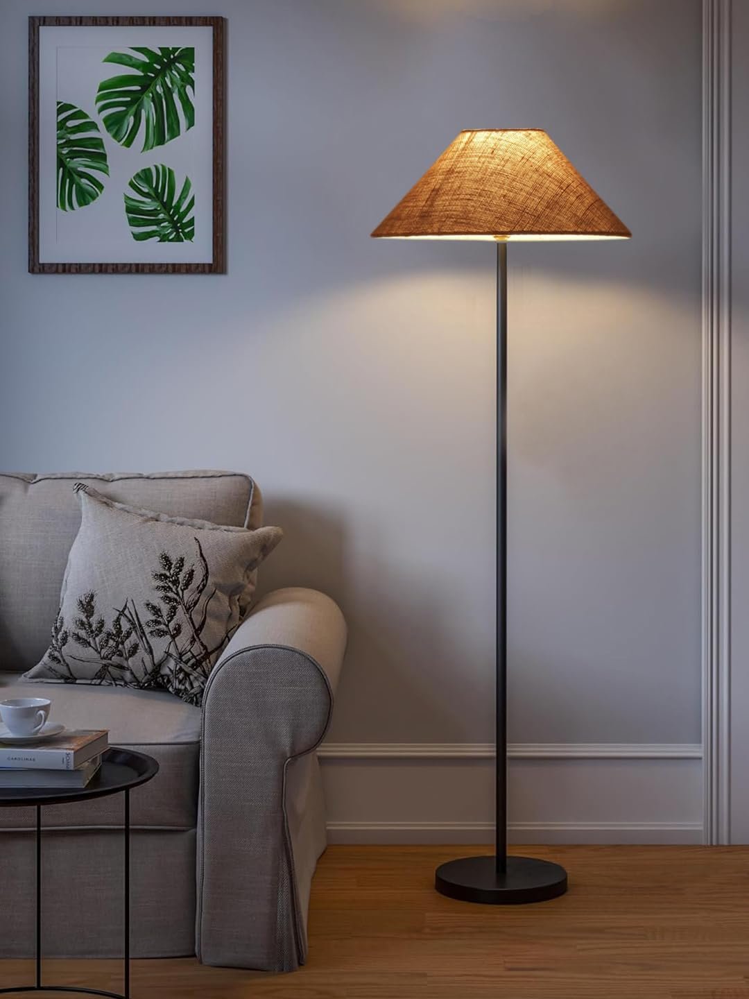 Beige Jute Coolie Shade Floor lamp with Black Wood Base for Decoration/Office/Home/Gifting/Study .(13x13x55.7 Inches)