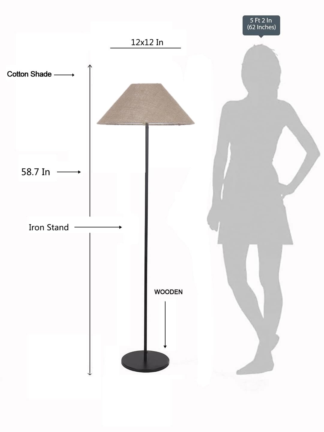 Beige Jute Coolie Shade Floor lamp with Black Wood Base for Decoration/Office/Home/Gifting/Study .(13x13x55.7 Inches)