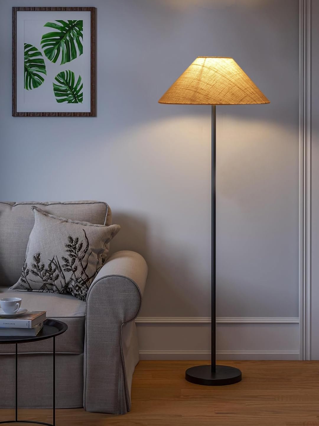White Jute Coolie Shade Floor lamp with Black Wood Base for Decoration/Office/Home/Gifting/Study .(13x13x55.7 Inches)