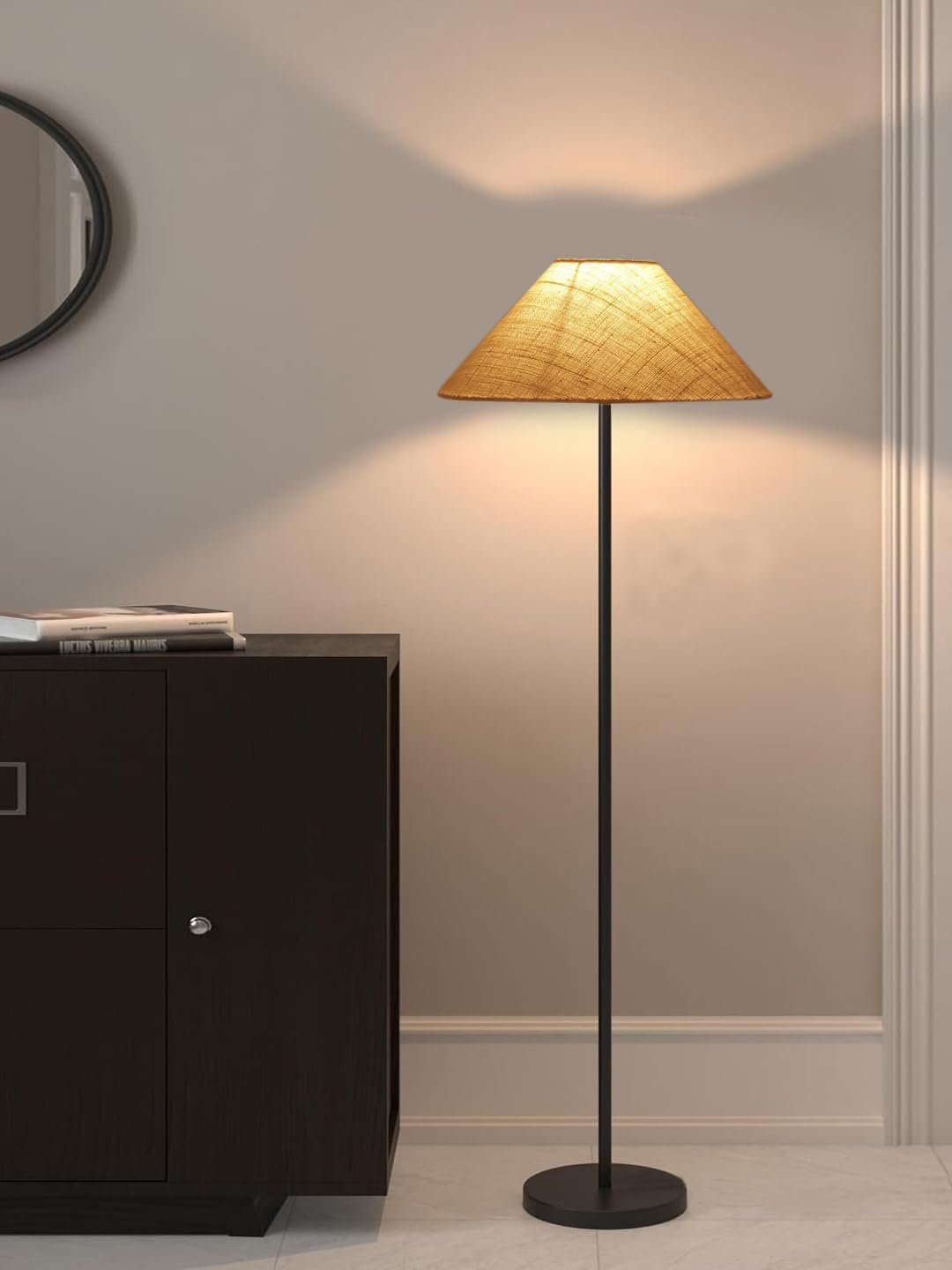 White Jute Coolie Shade Floor lamp with Black Wood Base for Decoration/Office/Home/Gifting/Study .(13x13x55.7 Inches)