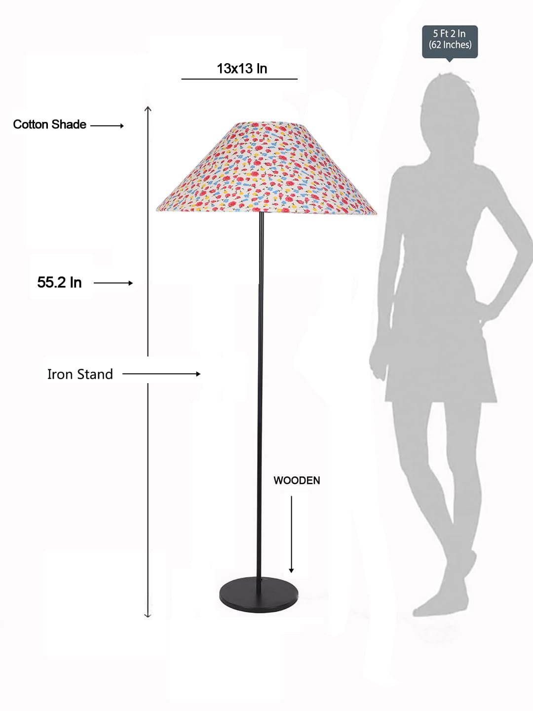 Multicolor Coolie Cotton Shade Floor lamp with Black Wood Base for Decoration/Office/Home/Gifting/Study .(13x13x55.7 inches)-8