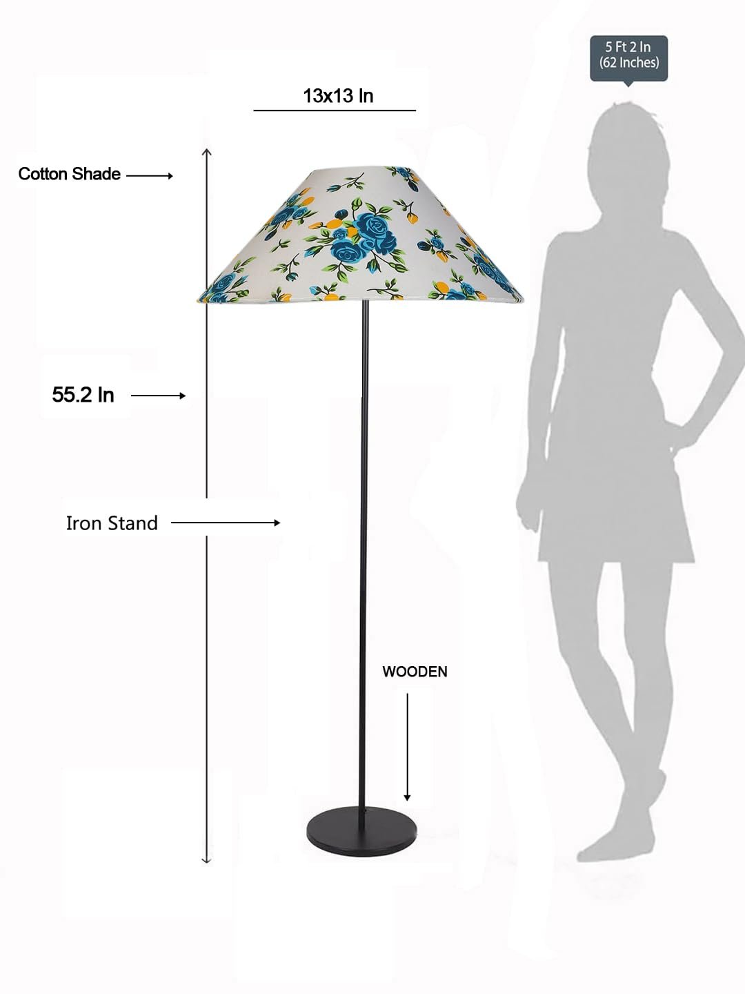 Multicolor Coolie Cotton Shade Floor lamp with Black Wood Base for Decoration/Office/Home/Gifting/Study .(13x13x55.7 inches)