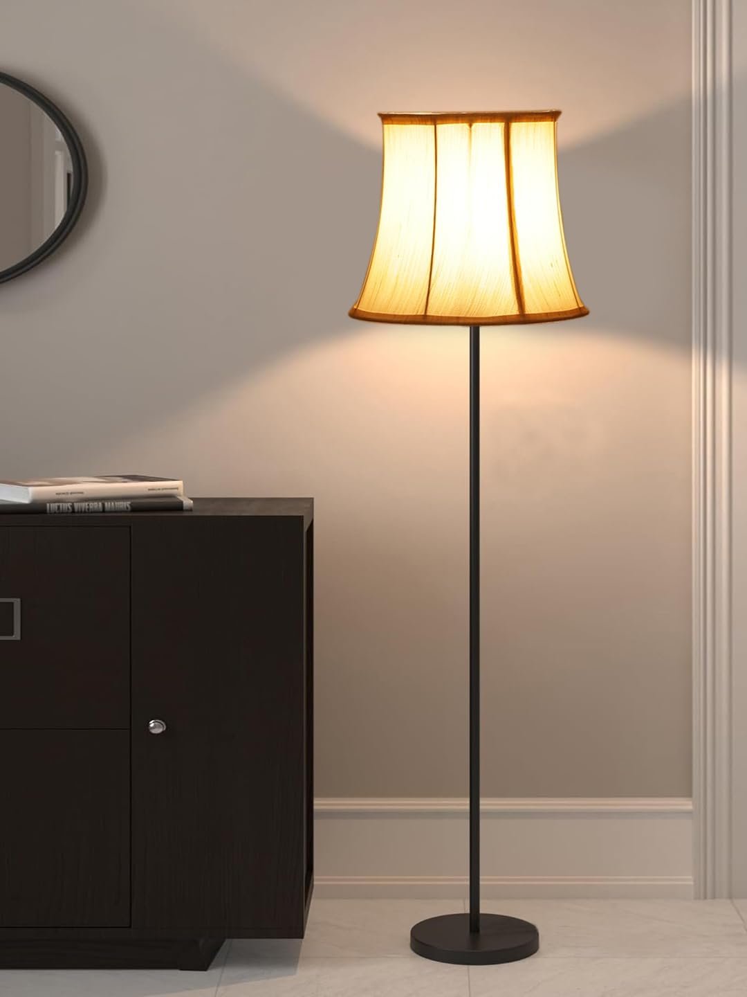 Off White Khadi Cotton Cylindrical Shade Floor lamp with Black Wood Base for Decoration/Office/Home/Gifting/Study-(12x12x59.2 inches)
