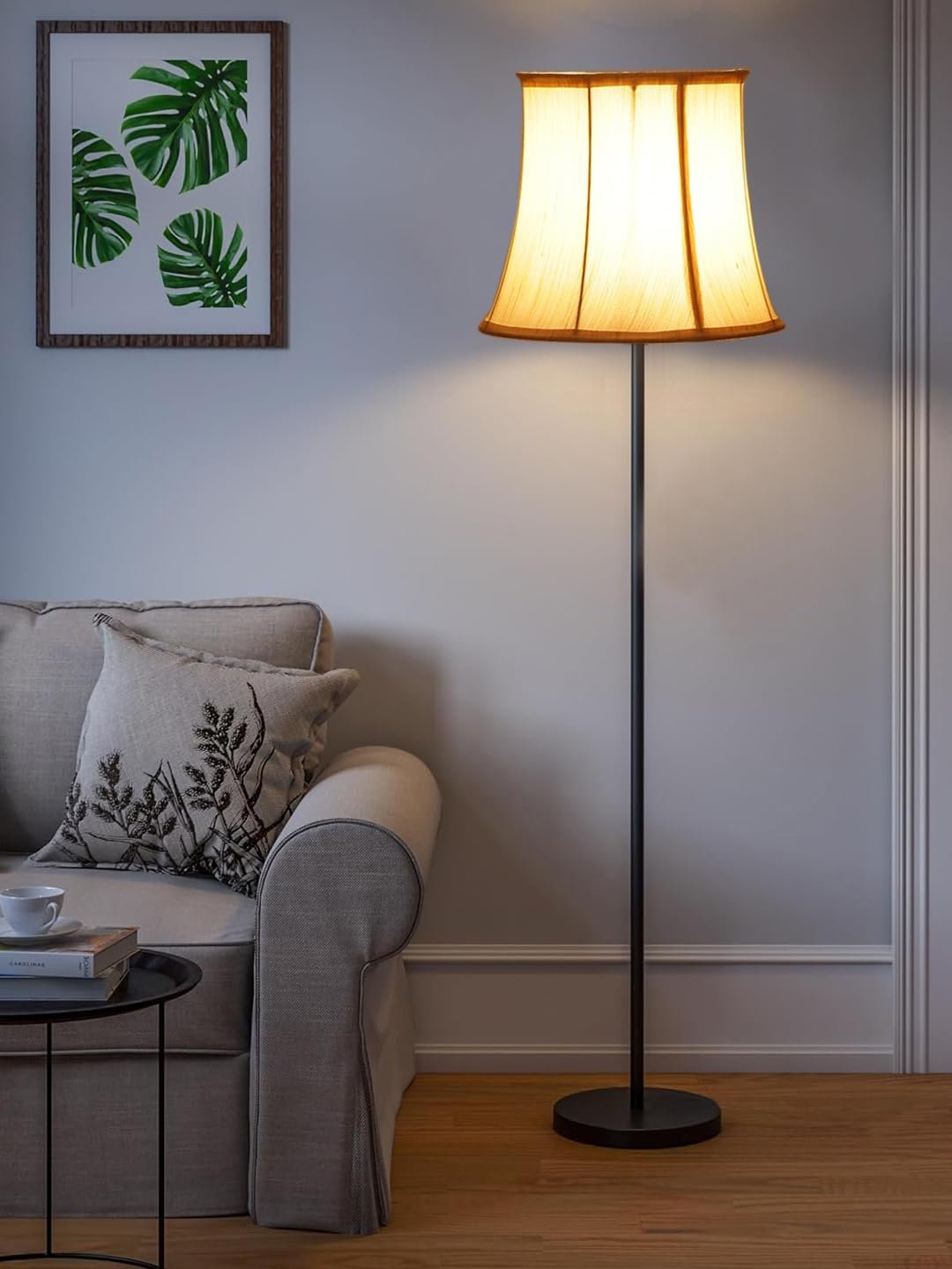 Off White Khadi Cotton Cylindrical Shade Floor lamp with Black Wood Base for Decoration/Office/Home/Gifting/Study-(12x12x59.2 inches)