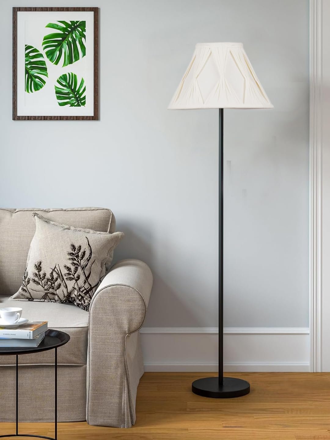 Off White Cotton Curtain Pleated Cotton Shade Floor lamp with Black Wood Base for Decoration/Office/Home/Gifting/Study-(12x12x56.7 inches)