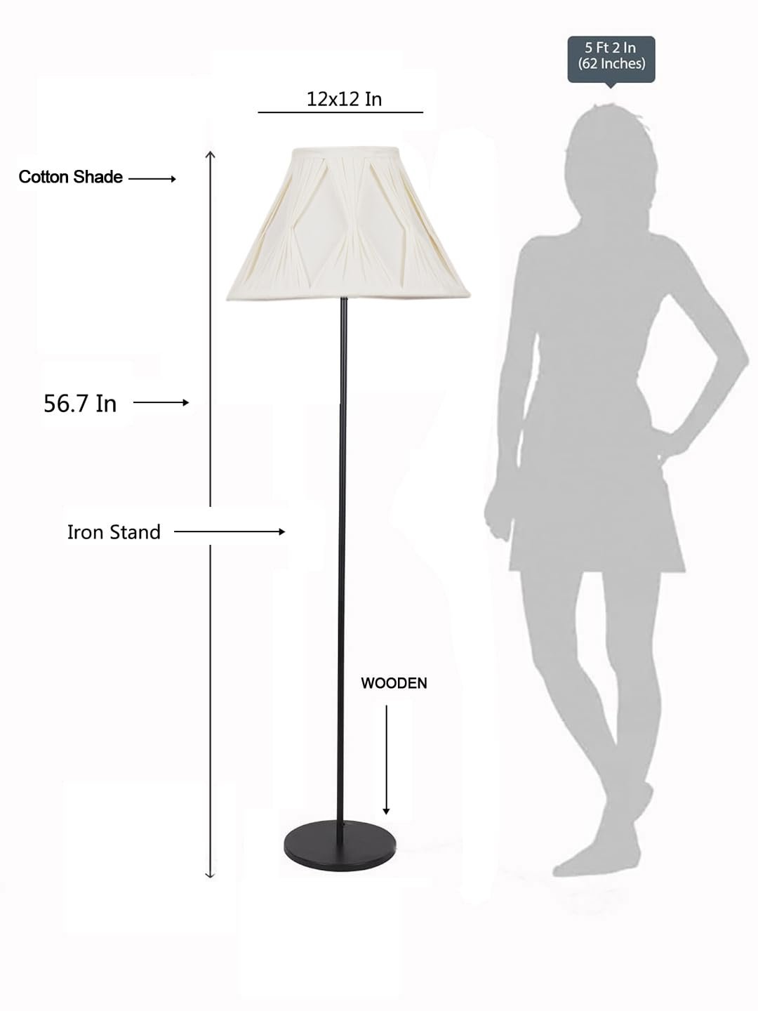 Off White Cotton Curtain Pleated Cotton Shade Floor lamp with Black Wood Base for Decoration/Office/Home/Gifting/Study-(12x12x56.7 inches)