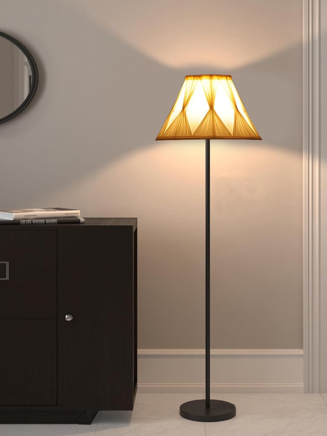 Off White Cotton Curtain Pleated Cotton Shade Floor lamp with Black Wood Base for Decoration/Office/Home/Gifting/Study-(12x12x56.7 inches)