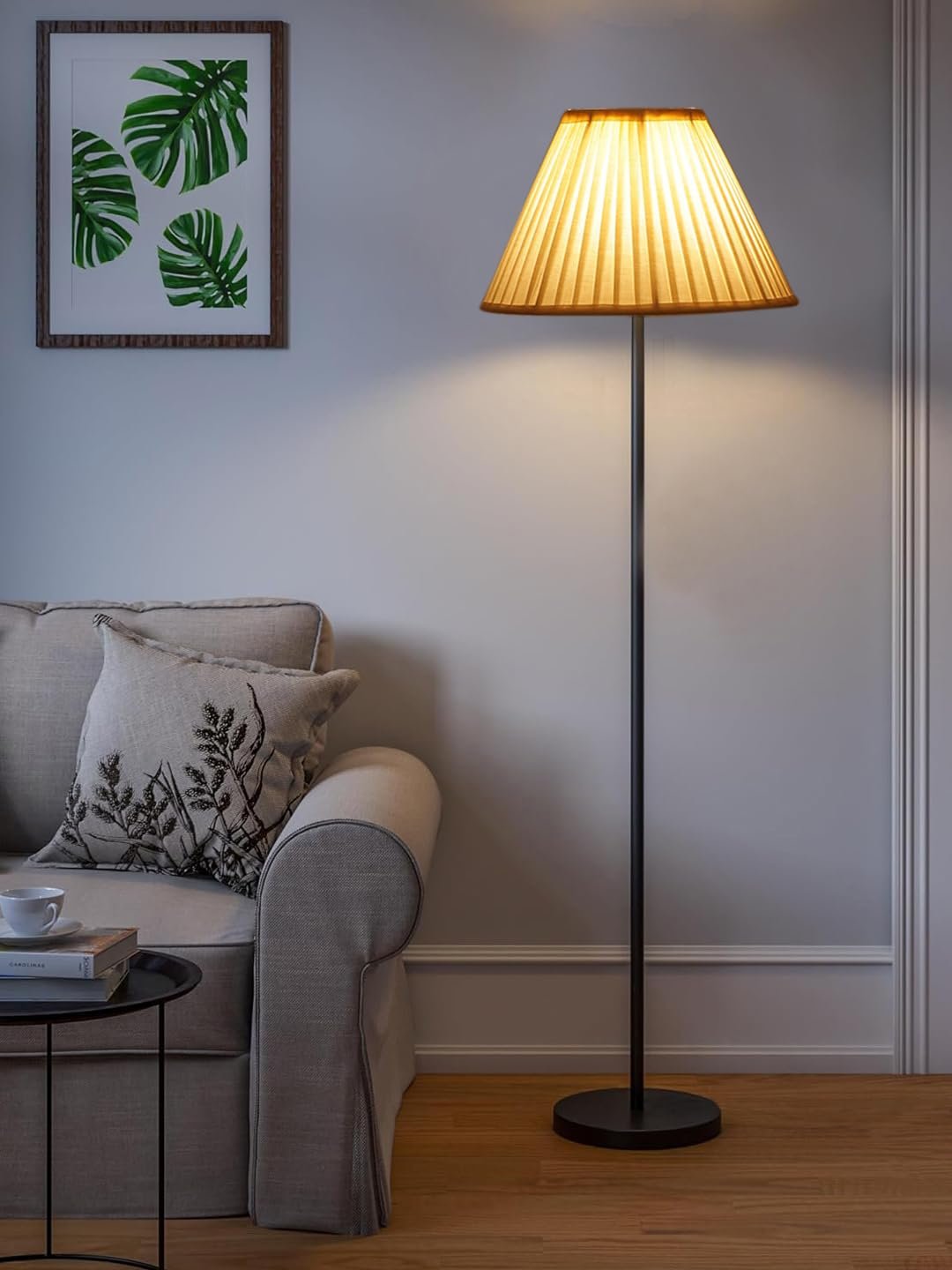 Off White Cotton Knife Pleated Cotton Shade Floor lamp with Black Wood Base for Decoration/Office/Home/Gifting/Study-(12x12x56.7 inches)
