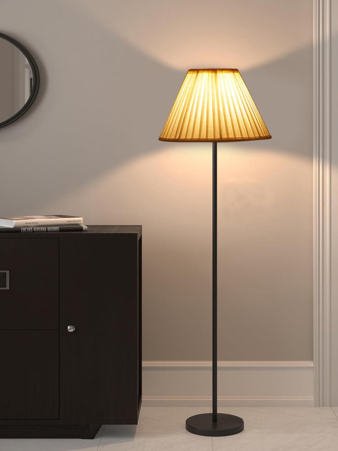 Off White Cotton Knife Pleated Cotton Shade Floor lamp with Black Wood Base for Decoration/Office/Home/Gifting/Study-(12x12x56.7 inches)