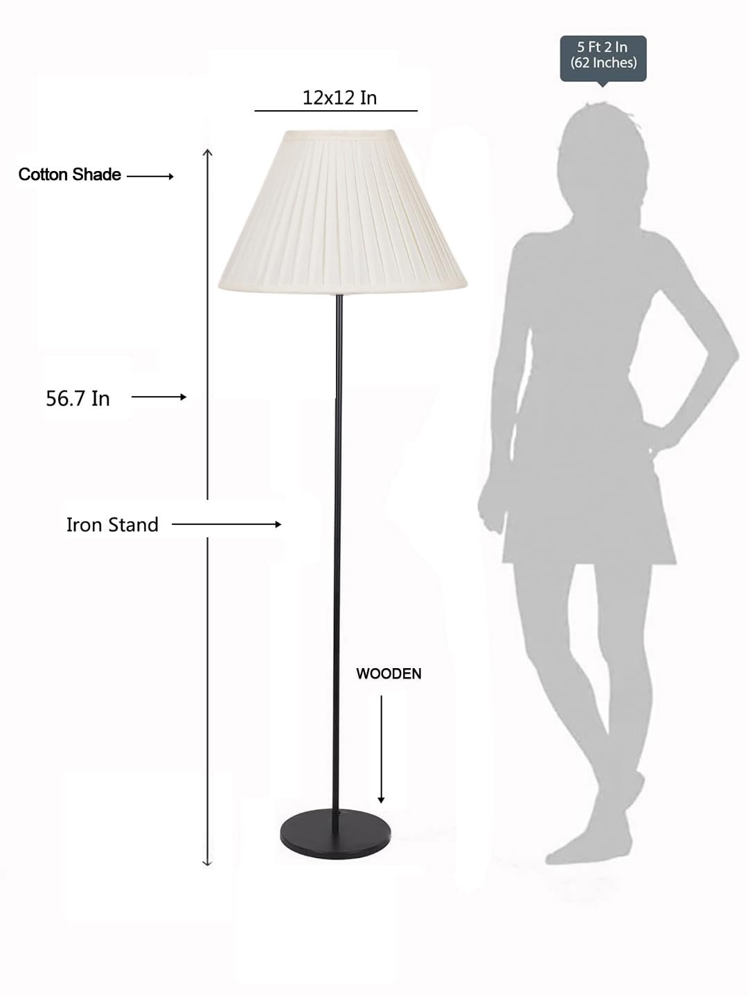 Off White Cotton Knife Pleated Cotton Shade Floor lamp with Black Wood Base for Decoration/Office/Home/Gifting/Study-(12x12x56.7 inches)