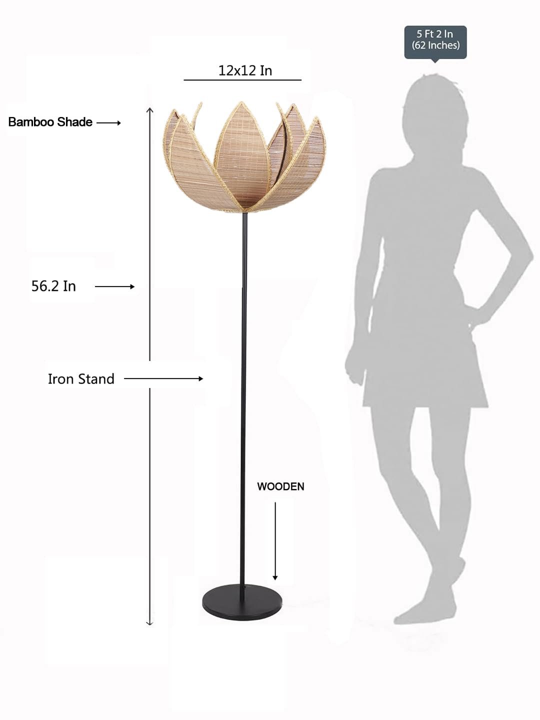 Rose Bamboo Shade Floor lamp with Black Wood Base for Decoration/Office/Home/Gifting/Study-(12x12x56.2 inches)