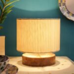 Off White Cotton Shade Lamp with Natural Wood Basefor Decoration/Office/Home/Gifting/Study for Decoration/Office/Home/Gifting/Study -(7x7x7) Inches –