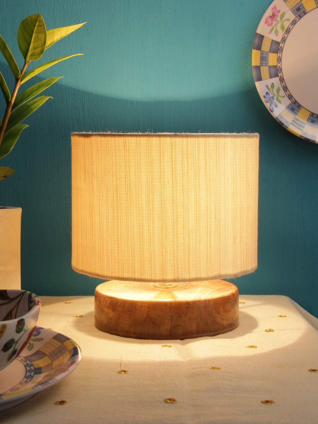 Off White Cotton Shade Lamp with Natural Wood Basefor Decoration/Office/Home/Gifting/Study for Decoration/Office/Home/Gifting/Study -(7x7x7) Inches -