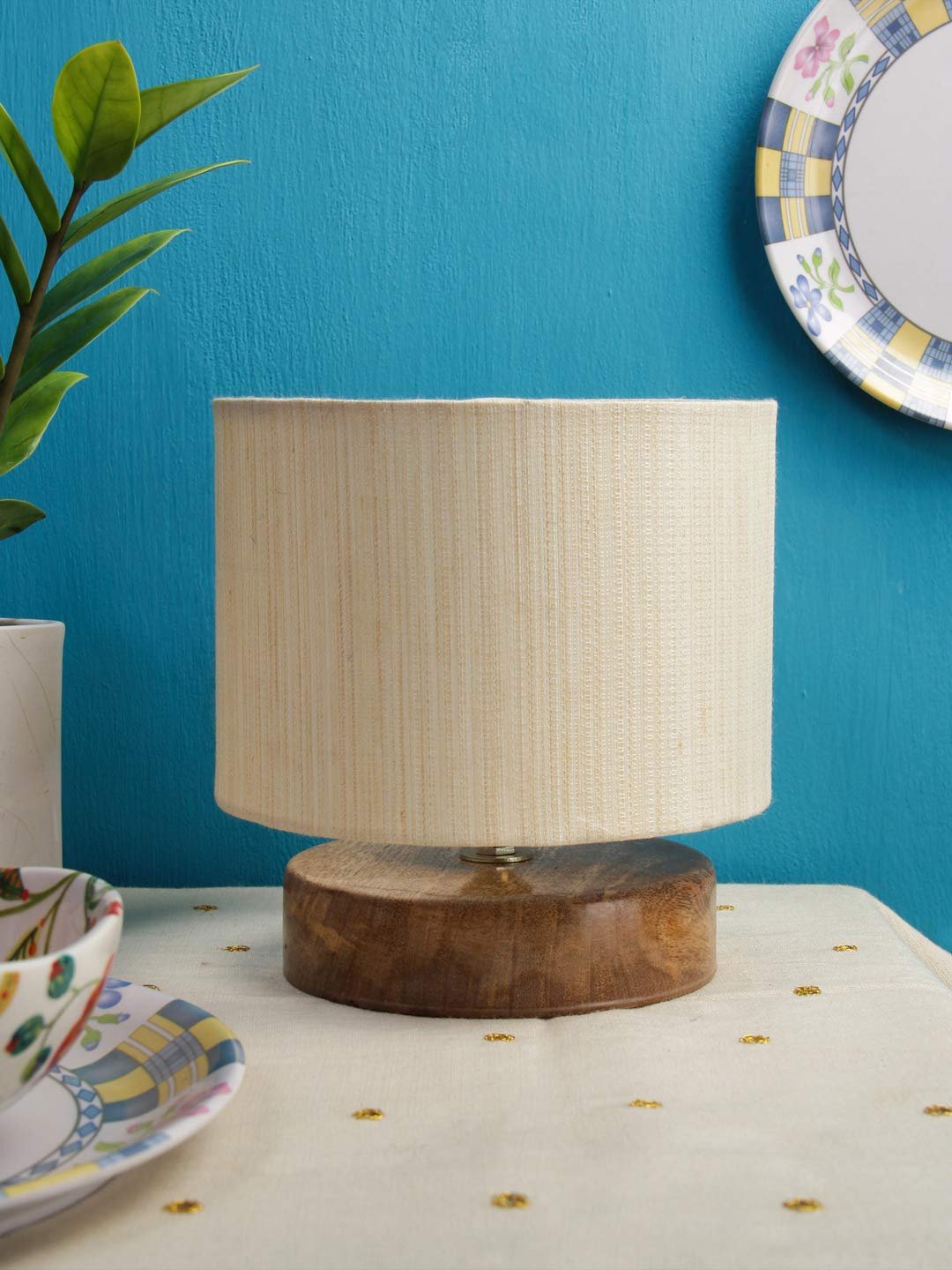 Off White Cotton Shade Lamp with Natural Wood Basefor Decoration/Office/Home/Gifting/Study for Decoration/Office/Home/Gifting/Study -(7x7x7) Inches -