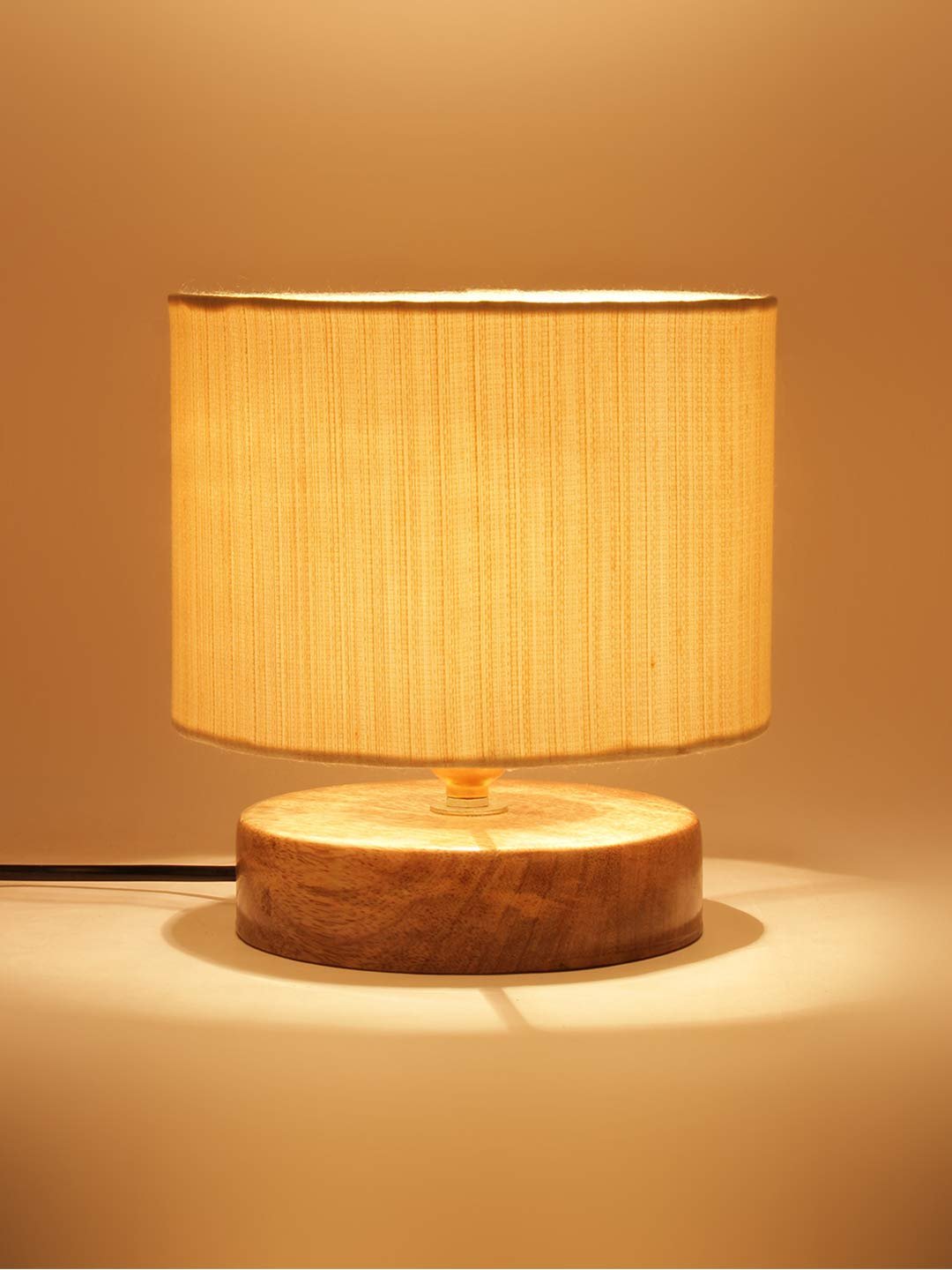 Off White Cotton Shade Lamp with Natural Wood Basefor Decoration/Office/Home/Gifting/Study for Decoration/Office/Home/Gifting/Study -(7x7x7) Inches -