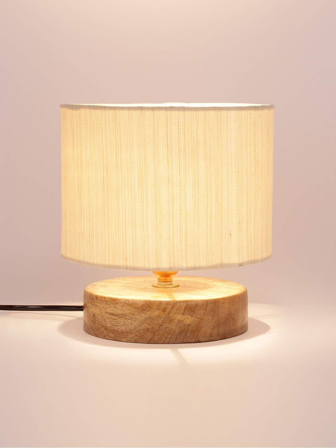 Off White Cotton Shade Lamp with Natural Wood Basefor Decoration/Office/Home/Gifting/Study for Decoration/Office/Home/Gifting/Study -(7x7x7) Inches -