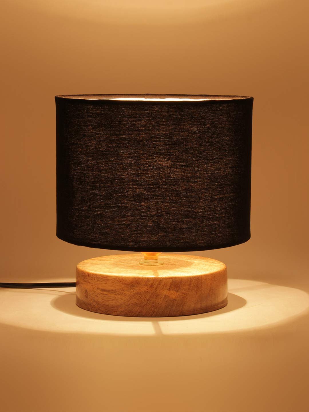Black Cotton Shade Lamp with Natural Wood Basefor Decoration/Office/Home/Gifting/Study for Office/Home/Gifting -(7x7x7) Inches -